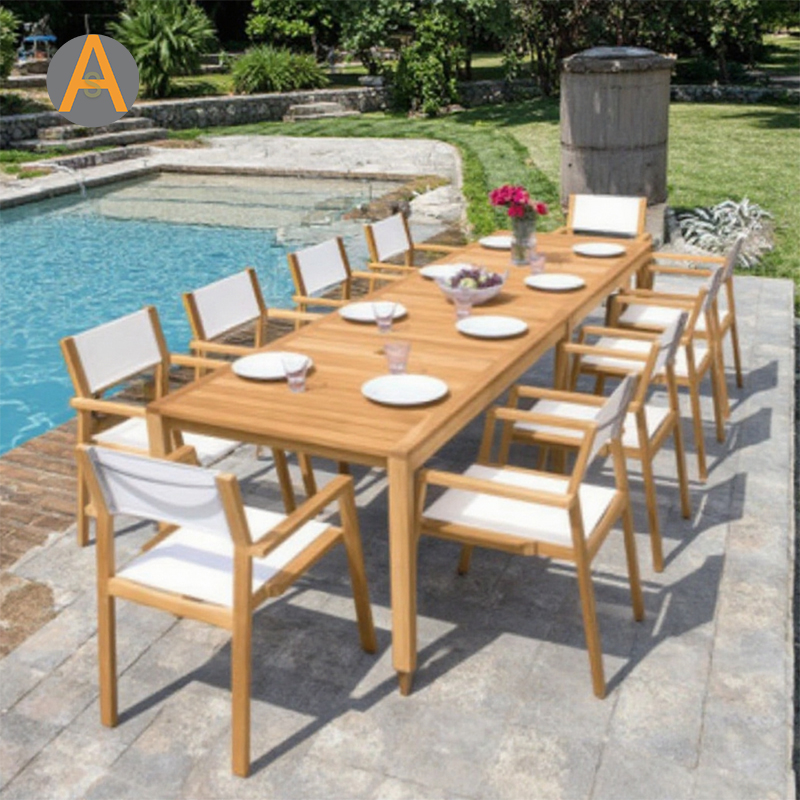 Conjunto de mesa de jantar ao ar livre de madeira retangular robusta