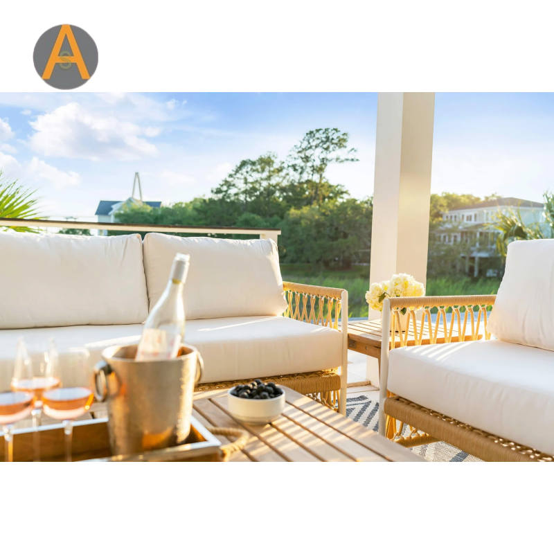 Cadeira moderna de lounge ao ar livre Boho com tecelagem e almofadas de corda para qualquer clima