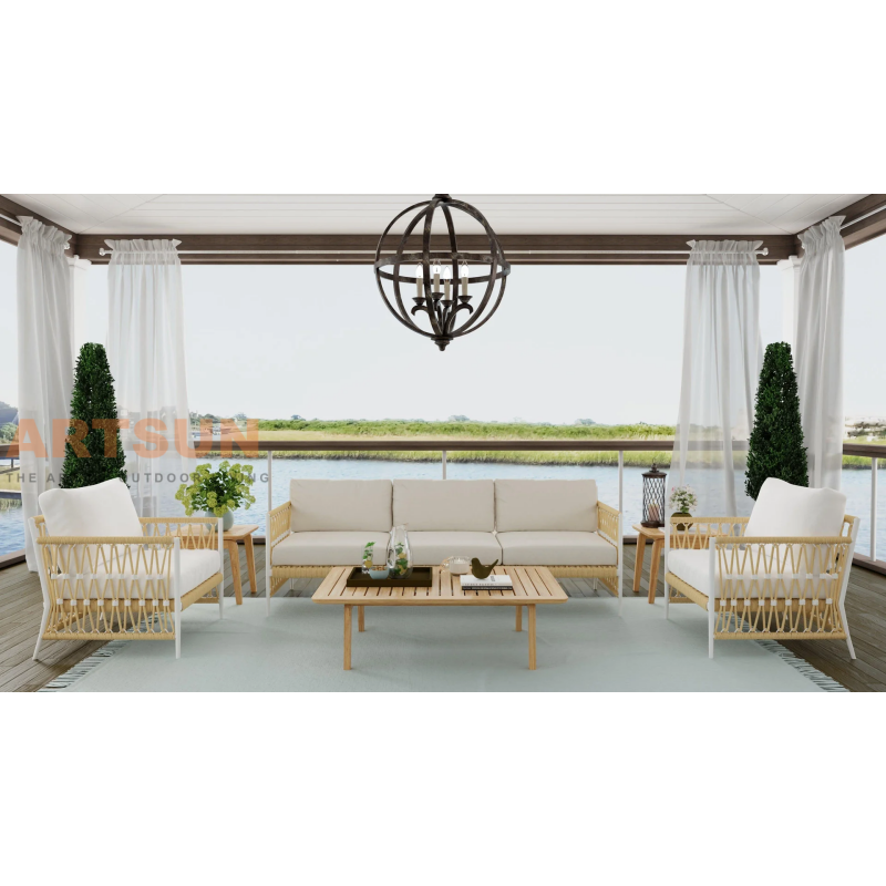 Cadeira moderna de lounge ao ar livre Boho com tecelagem e almofadas de corda para qualquer clima