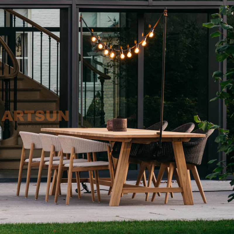 Venda quente de cadeira de jantar em madeira de teca com design de corda tecida para hotel