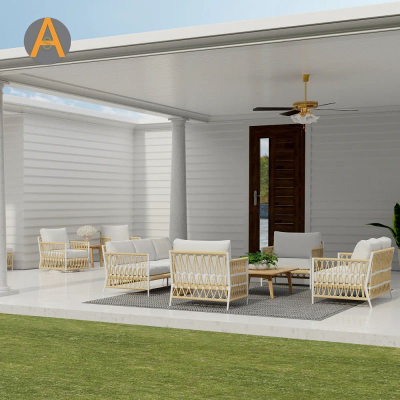 Cadeira moderna de lounge ao ar livre Boho com tecelagem e almofadas de corda para qualquer clima