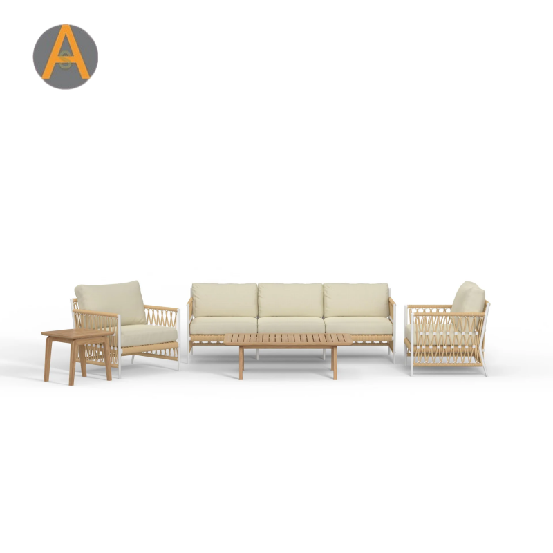 Cadeira moderna de lounge ao ar livre Boho com tecelagem e almofadas de corda para qualquer clima