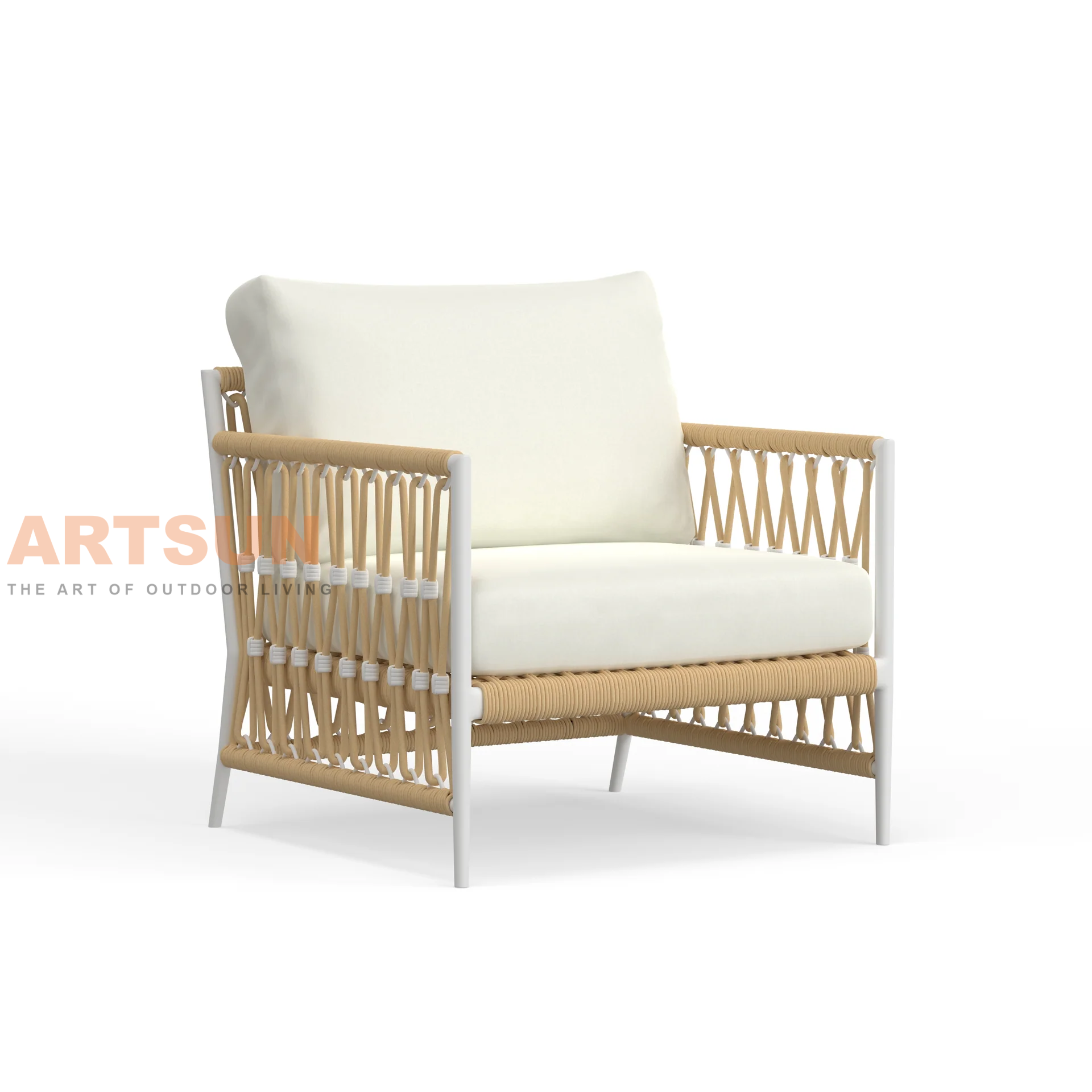 Cadeira moderna de lounge ao ar livre Boho com tecelagem e almofadas de corda para qualquer clima