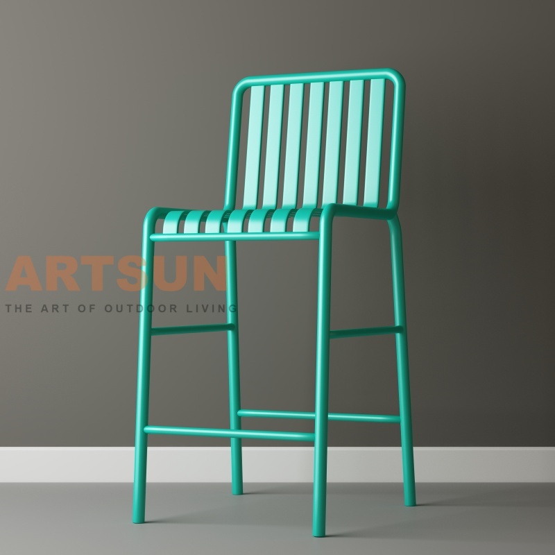 Cadeira de bar de alumínio para exterior com design de encosto de ripas para projetos comerciais modernos de bar de pátio