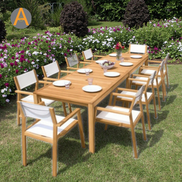 Conjunto de mesa de jantar ao ar livre de madeira retangular robusta