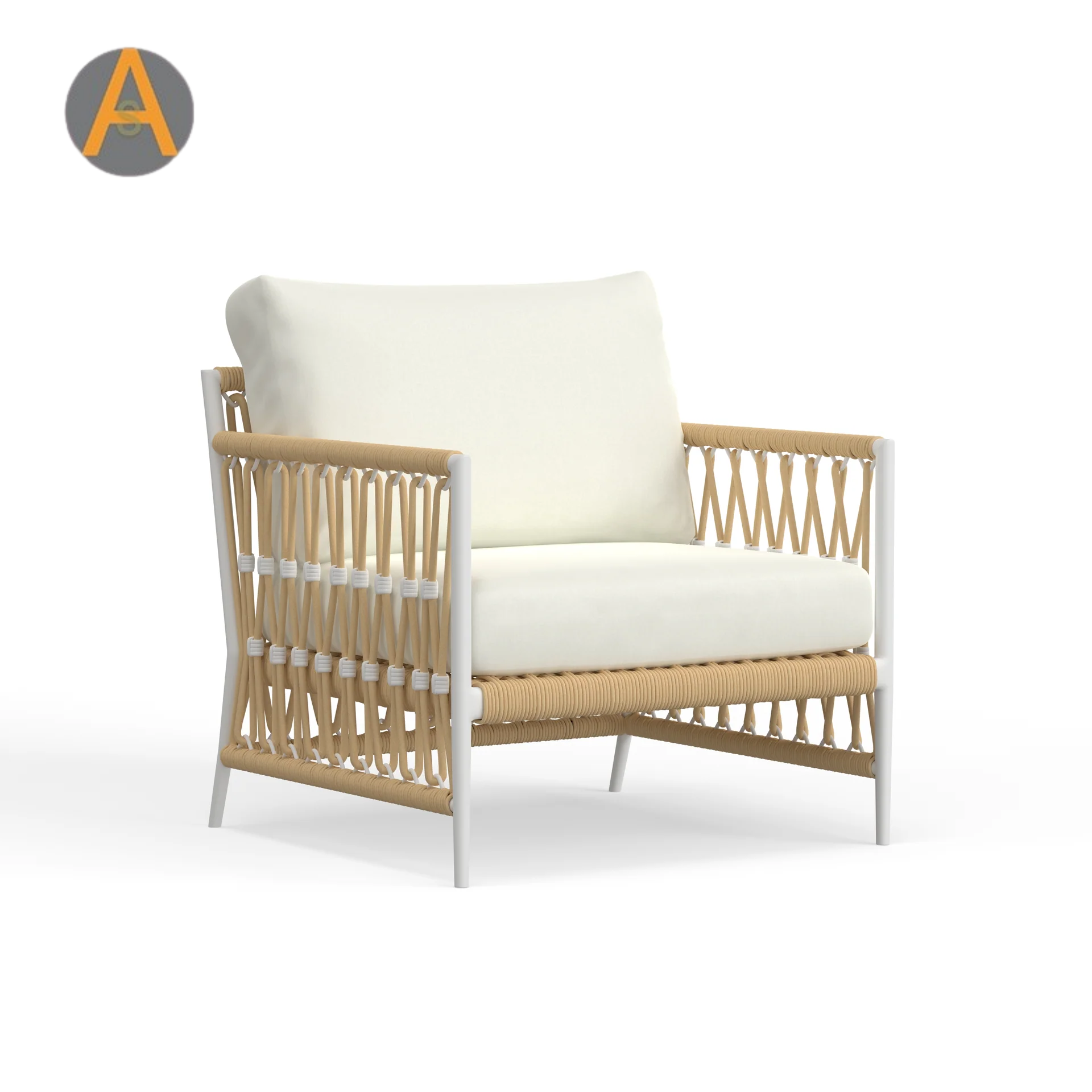 Cadeira moderna de lounge ao ar livre Boho com tecelagem e almofadas de corda para qualquer clima