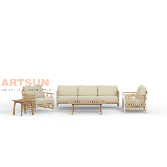 Cadeira moderna de lounge ao ar livre Boho com tecelagem e almofadas de corda para qualquer clima