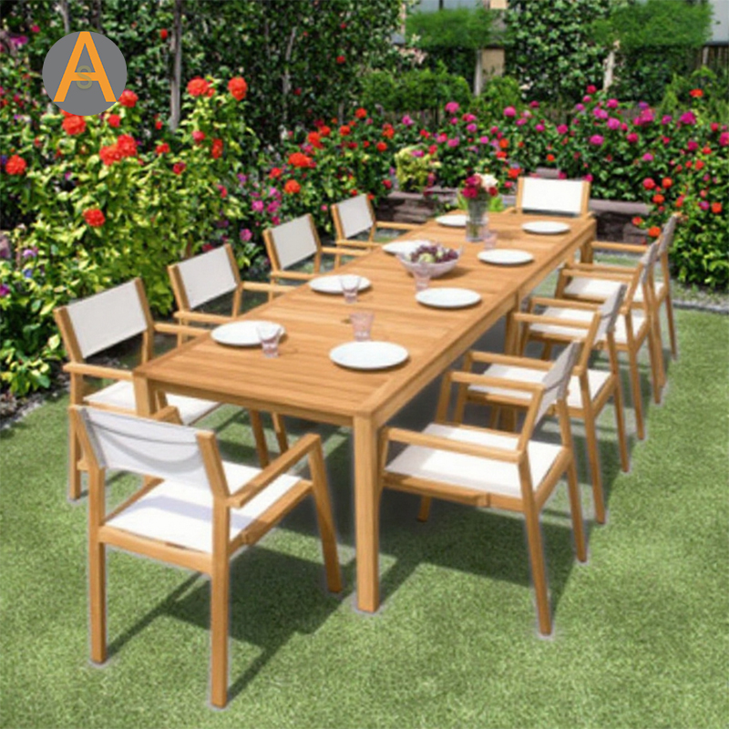 Conjunto de mesa de jantar ao ar livre de madeira retangular robusta