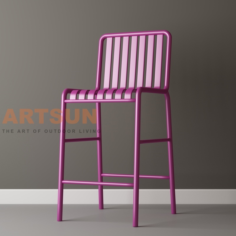 Cadeira de bar de alumínio para exterior com design de encosto de ripas para projetos comerciais modernos de bar de pátio