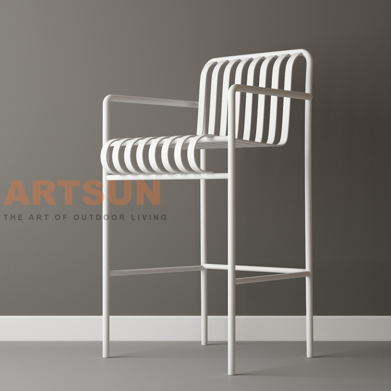 Cadeira de bar de alumínio para exterior com design de encosto de ripas para projetos comerciais modernos de bar de pátio