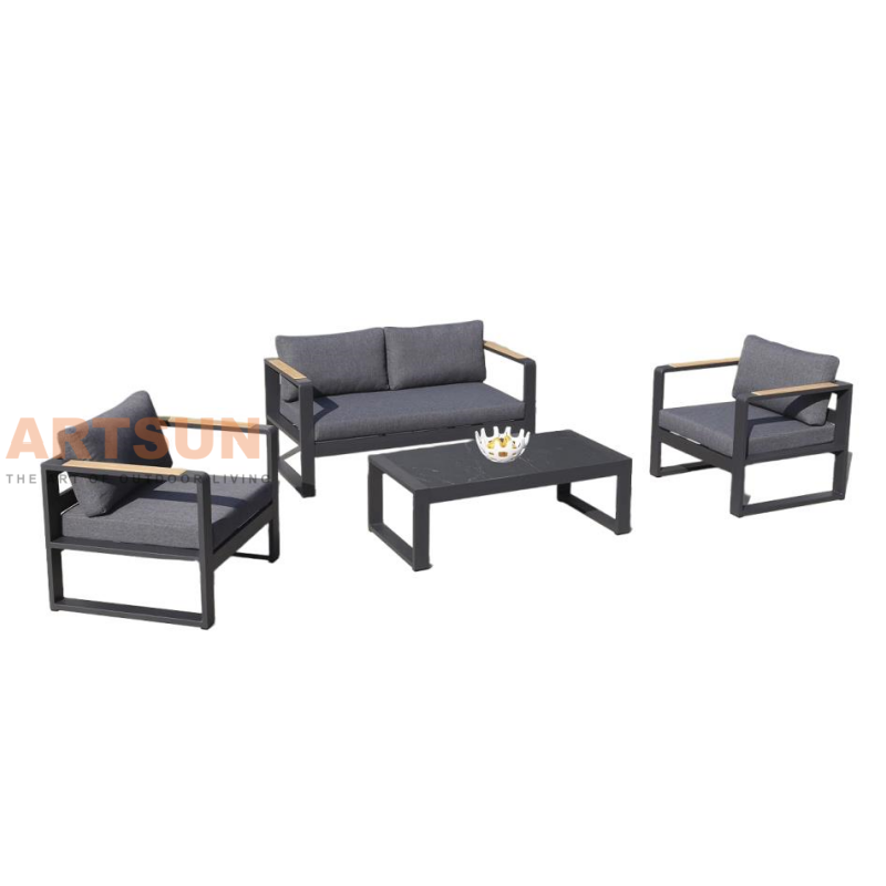 Sofá de jardim de pátio de alumínio preto conjunto para varanda com sotaque de madeira de teca
