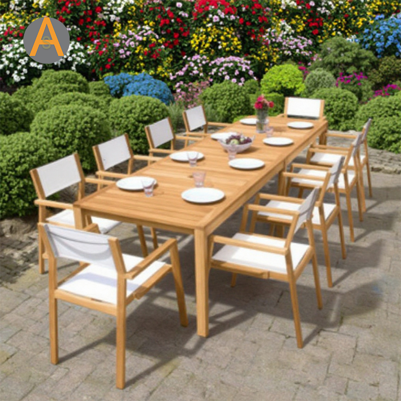 Conjunto de mesa de jantar ao ar livre de madeira retangular robusta