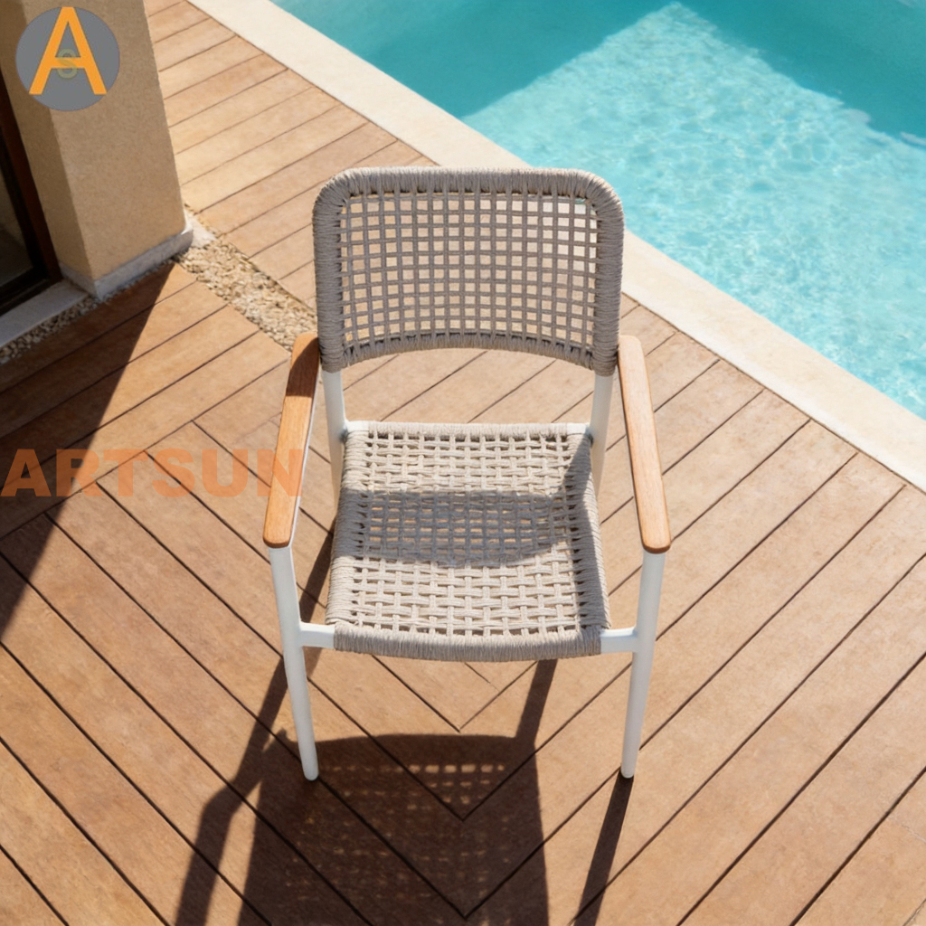 Novo design premium empilhável pátio externo jardim corda tecelagem resistente às intempéries cadeira de jantar com garantia para hotel resort villa restaurante hospitalidade à beira da piscina