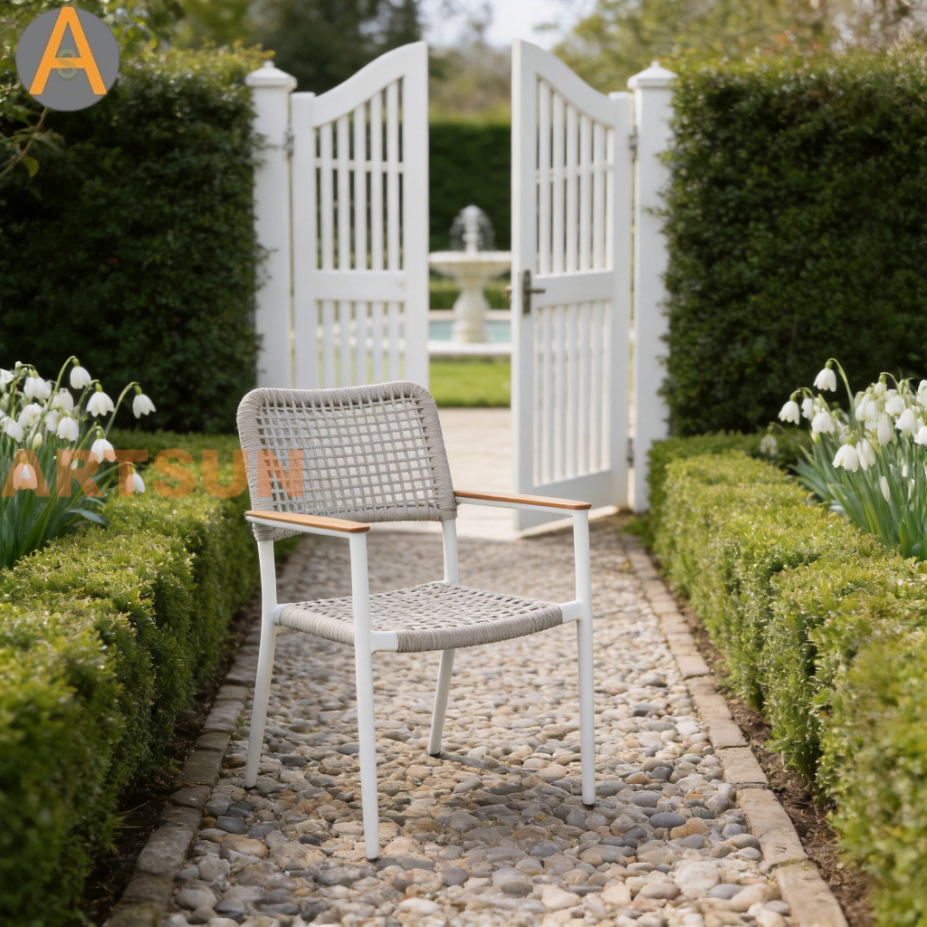 Novo design premium empilhável pátio externo jardim corda tecelagem resistente às intempéries cadeira de jantar com garantia para hotel resort villa restaurante hospitalidade à beira da piscina