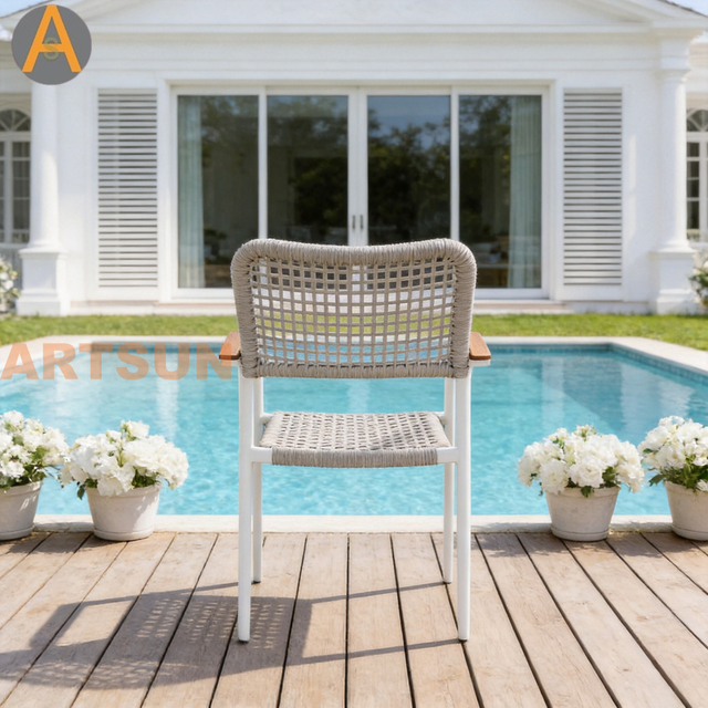 Novo design premium empilhável pátio externo jardim corda tecelagem resistente às intempéries cadeira de jantar com garantia para hotel resort villa restaurante hospitalidade à beira da piscina