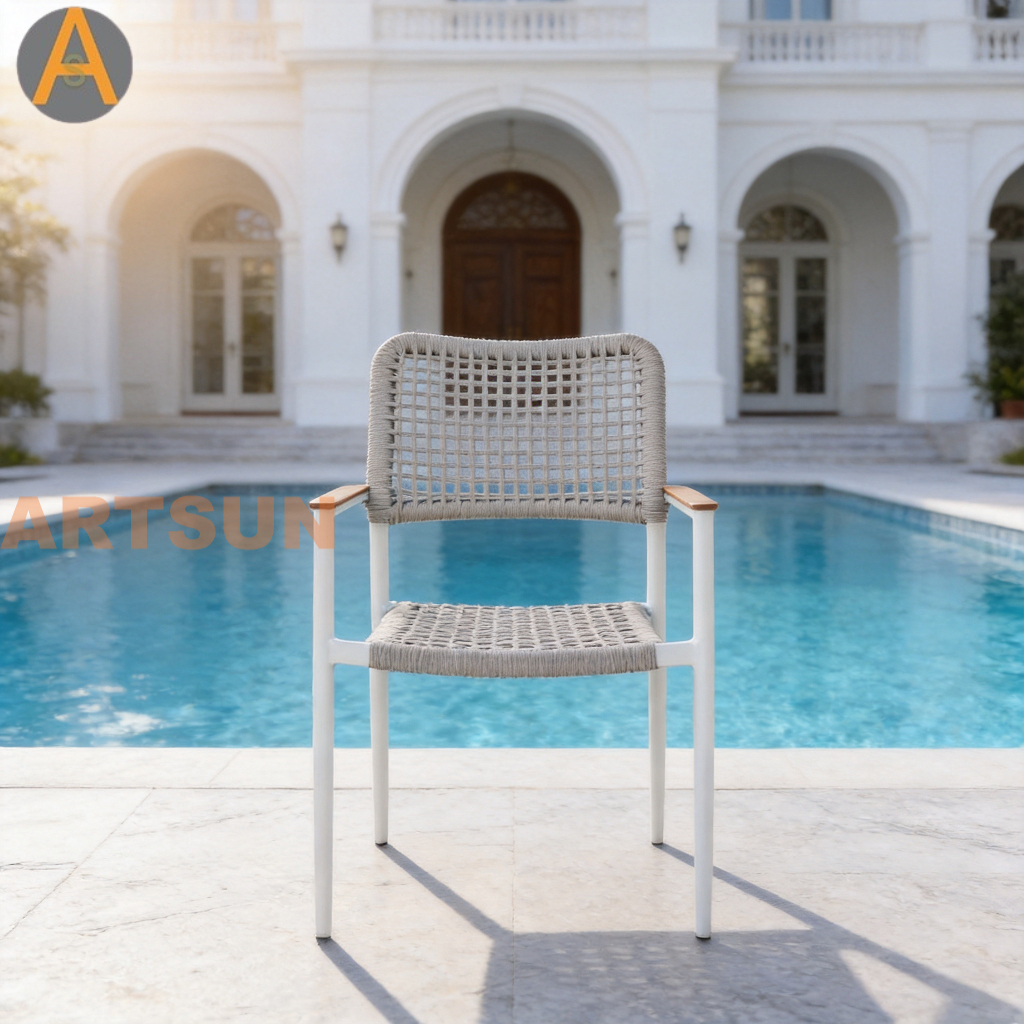 Novo design premium empilhável pátio externo jardim corda tecelagem resistente às intempéries cadeira de jantar com garantia para hotel resort villa restaurante hospitalidade à beira da piscina